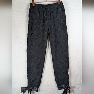 521-Zara Black Textured Jogger Pants with Ribbon Ties And Waistband